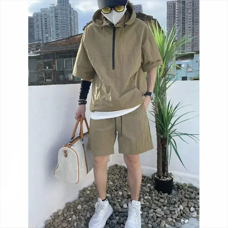 Summer Cargo Style Set Men\'s Casual Hooded Solid Short Sleeve T-shirt Shorts Loose Fashion High Quality Handsome Sweatshirt Suit