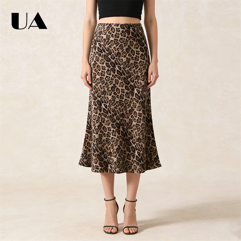 ULBYANRY Leopard Midi Skirt for Women Autumn Winter Timeless Women's Half Length Skirts Fish Tail Mid Long Skirts