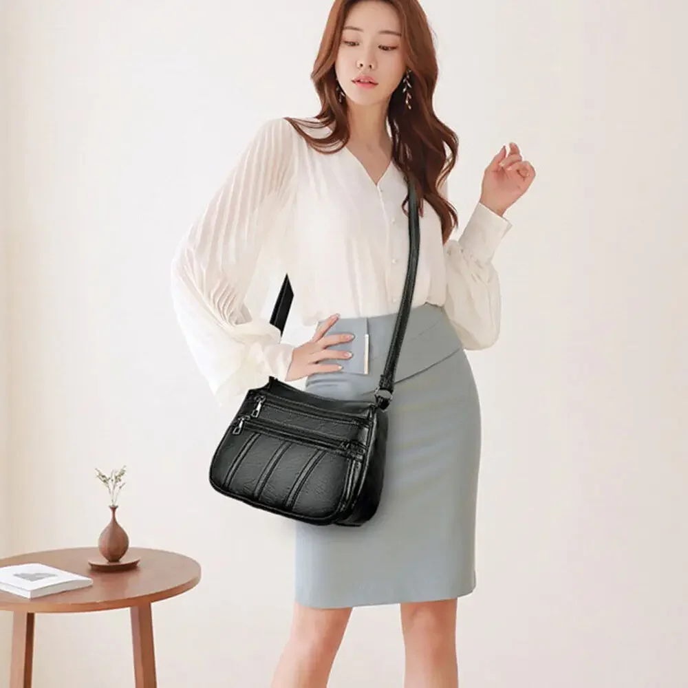 Soft Pu Leather Leisure Multi-Layer Large Capacity Mobile Phone Shoulder Crossbody Bag for Women