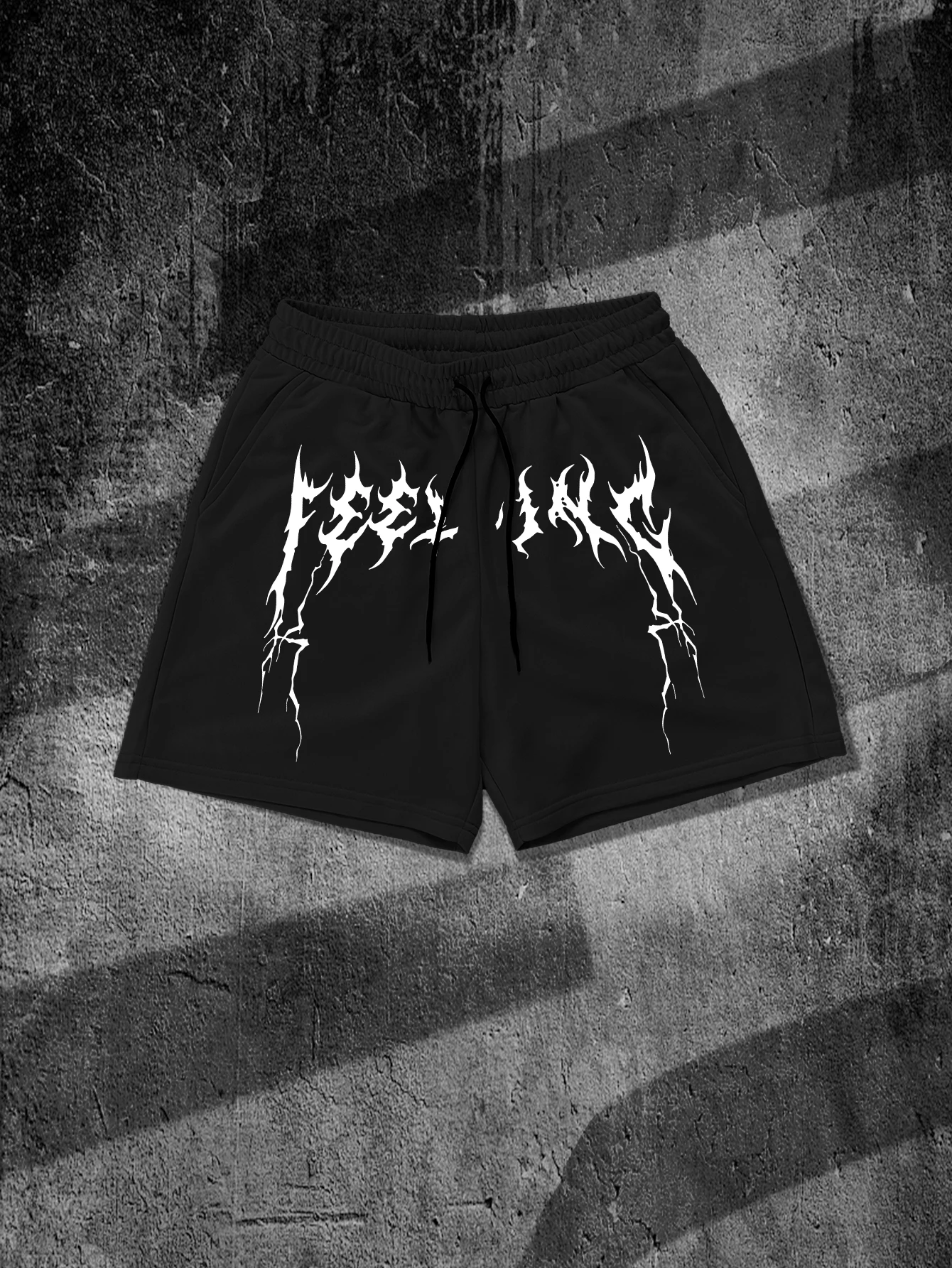 

Men's Darkside Blackletter Feeling Graphic Shorts Gothic Lightning Thorn Print Dark Grunge Streetwear Drawstring Casual Shorts