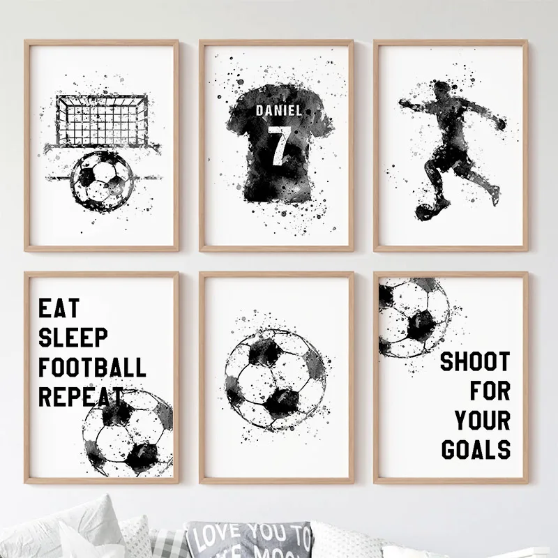 Wall Art Mural Soccer Jersey Shoes Custom Name Kids Football Club Canvas Painting Posters Print Pictures Baby Boys Bedroom Decor