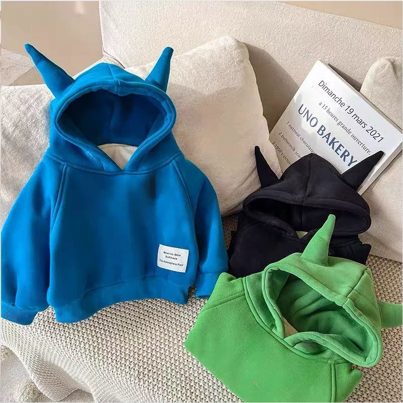 

Winter Kids Thick Sweatshirt Clothes Autumn Boys Girls Lamb's Wool Padded Warm Hoodies Big Children Solid color Pullover Tops