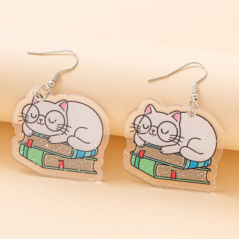 Earrings for Women Acrylic Little Cat Book Charms Drop Earring Jewelry Transparent Glitter Student Teacher Gift