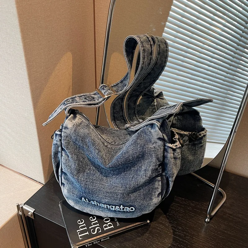 Korean Style Embroidered Letter Shoulder Bag Fashion Versatile Denim Tote Bag New Retro Casual Crossbody Bag for Women