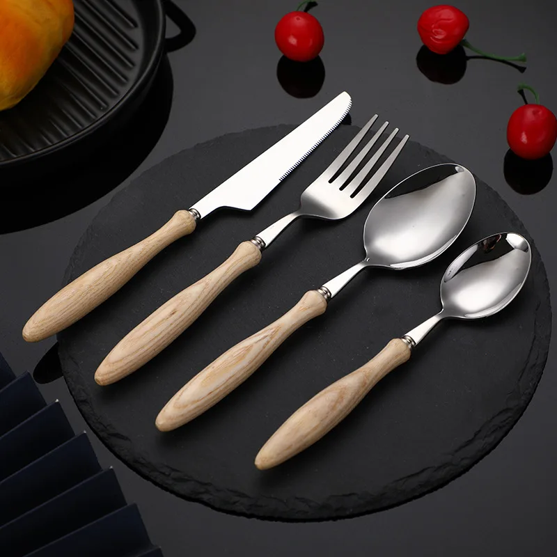 4 PCS Wooden Handle Cutlery Stainless Steel Dining Fork Coffee Spoon Steak Knife Set Japanese Tableware Kitchen Accessories