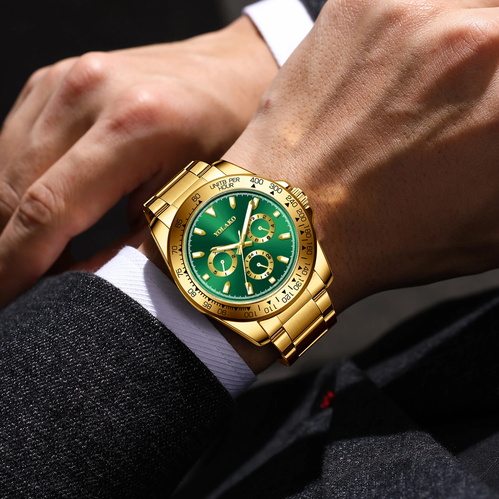 Hot Sale Business Men Watch Top Brand Green Gold Dial Stainless Steel Band Quartz Wristwatch Man Analog