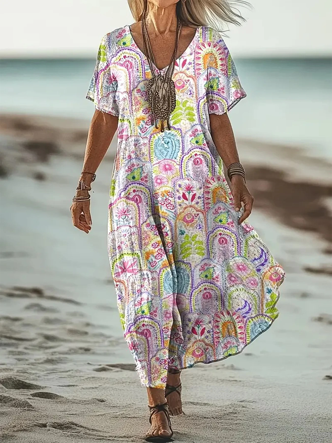 レディースTシャツワンピース ボヘミアン Vネック プリント マキシ丈 ゆったりワンピース カジュアル ビーチウェア 半袖 リラックスフィット オールシーズン