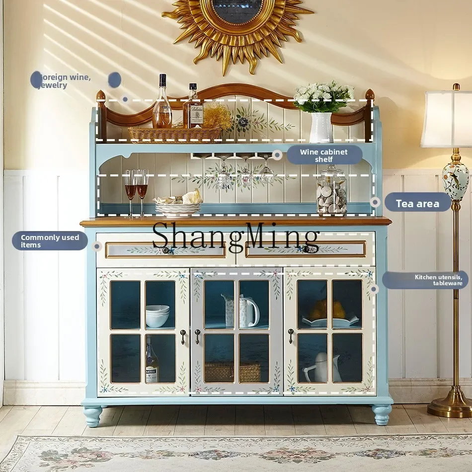 SM household three-door meal painted blue large-capacity side cabinet idyllic integrated storage against the wall