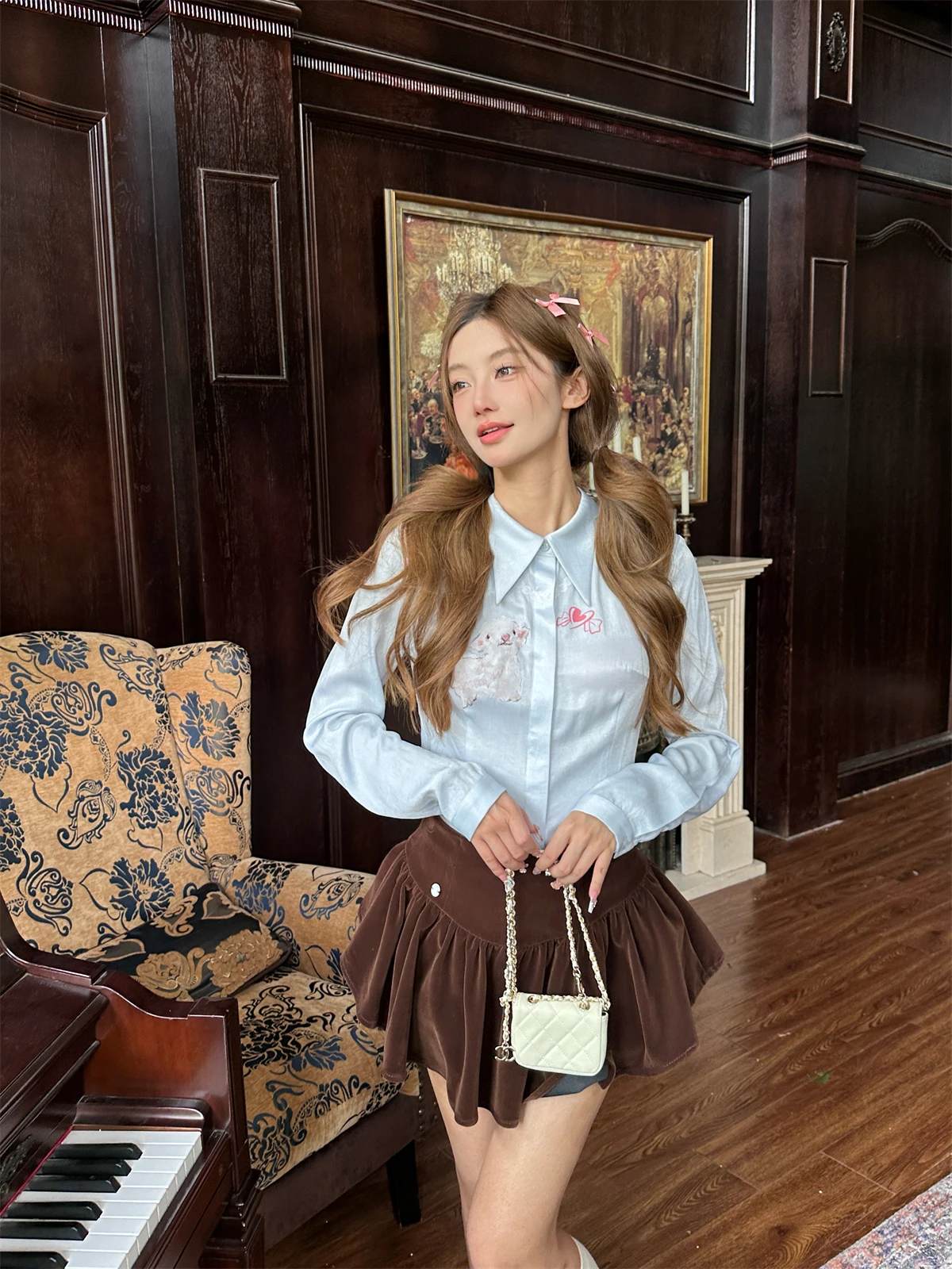 

LXLILIUM Синий атласный женский топ Long Sve irt с принтом и сердечками на осенний сезон