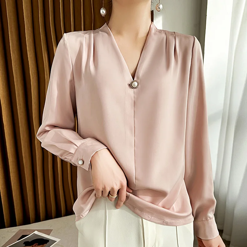 Women Fashion Elegant Silk Blouse Long sleeve V-neck Casual Shirt Spring Summer Temperament Woman Shirt Inlaid Pearl Buckle Top