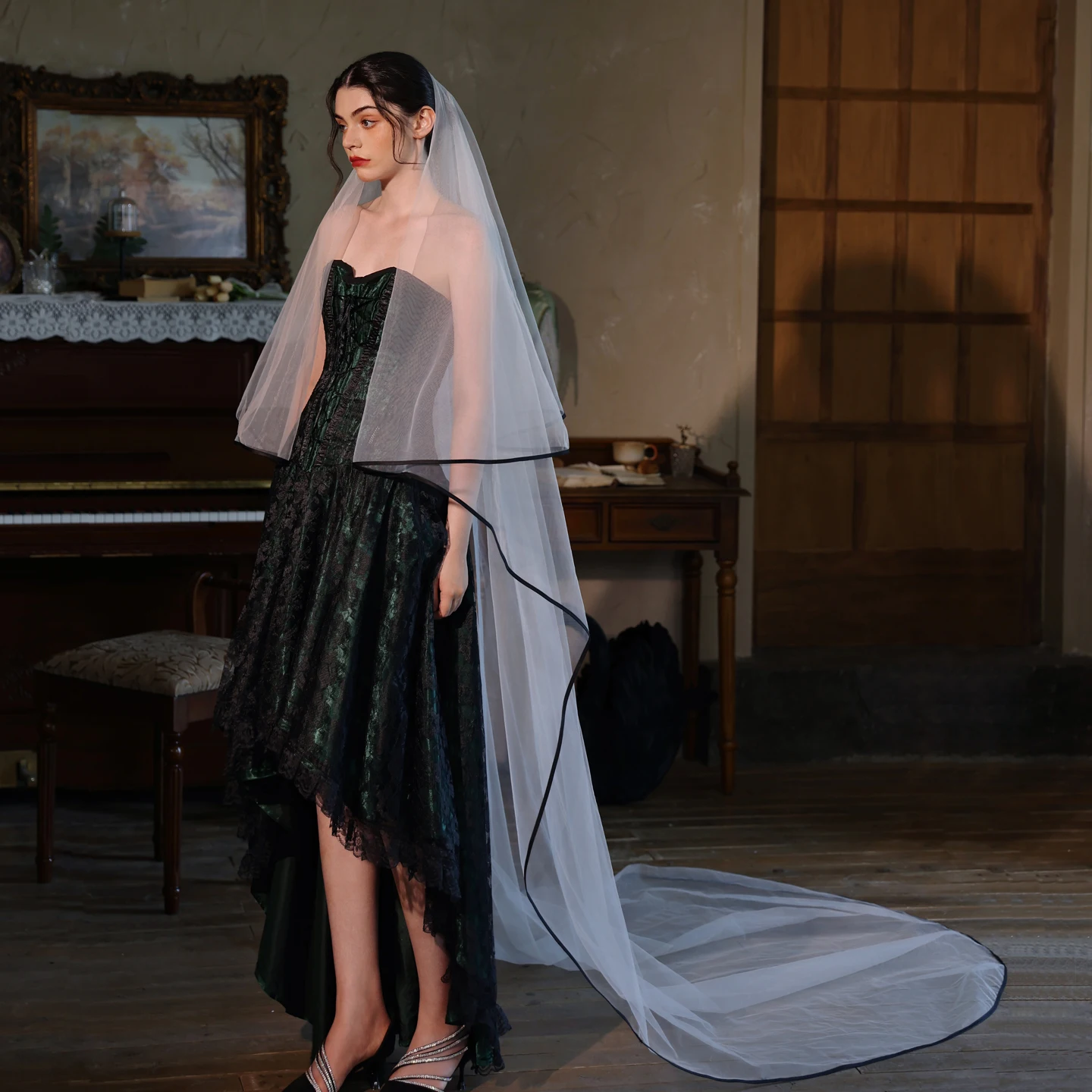 

V533 Черная фата с французским краем, длинный хвост, уличная туристическая фотография, покрытие для лица, аксессуар для свадебного платья для свадьбы