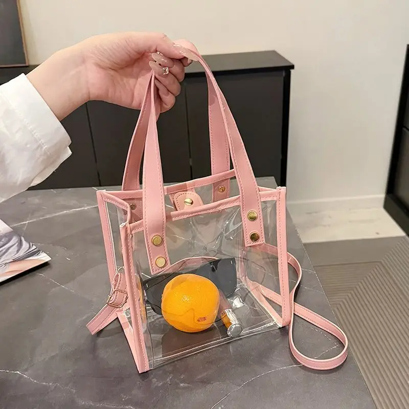 กระเป๋าเยลลี่ใส PVC ยอดนิยมสำหรับฤดูร้อน ดีไซน์ต่อผ้ากันน้ำ กระเป๋าถือผู้หญิงสุดเก๋