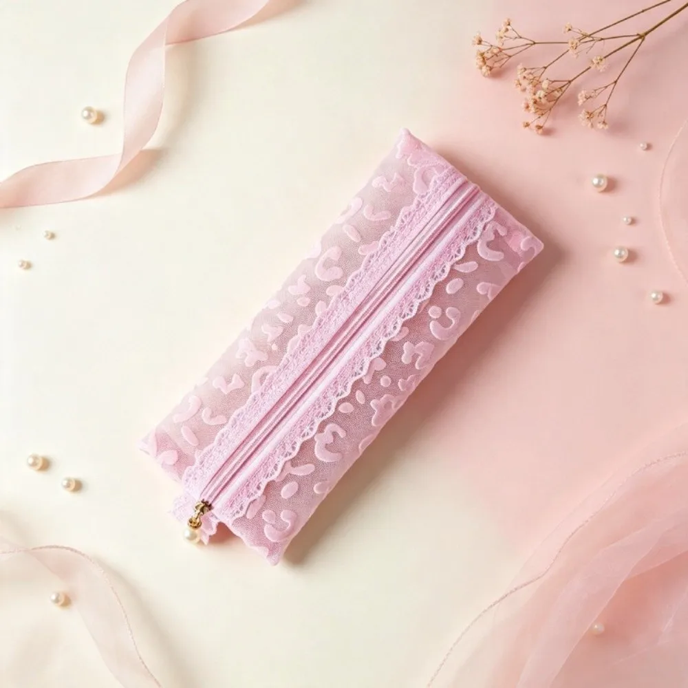 Compact Mesh Makeup Bag Leopard Lace Portable Pencil Pouch Pink Compact Cosmetic Pouch Eyebrow Pencil