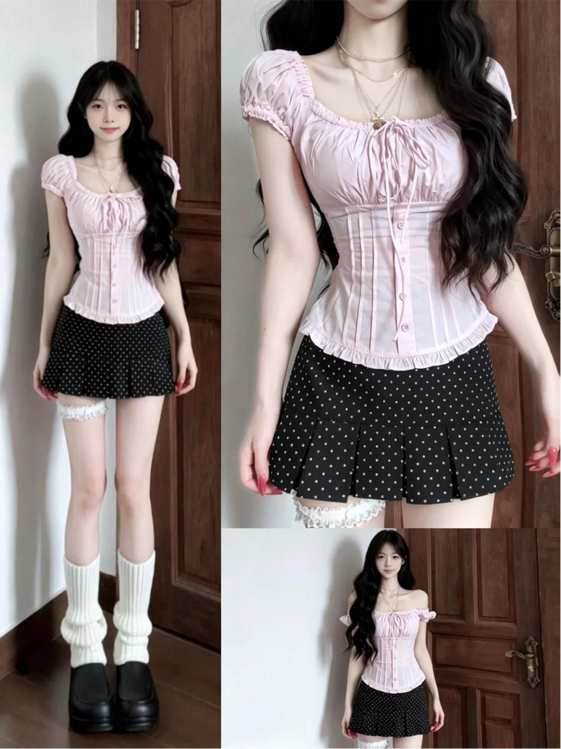 

Korean Sweet Style Short Sleeve Bubble Sleeve Square Collar One Shoulder Shirt for Women with Knot Pink Top