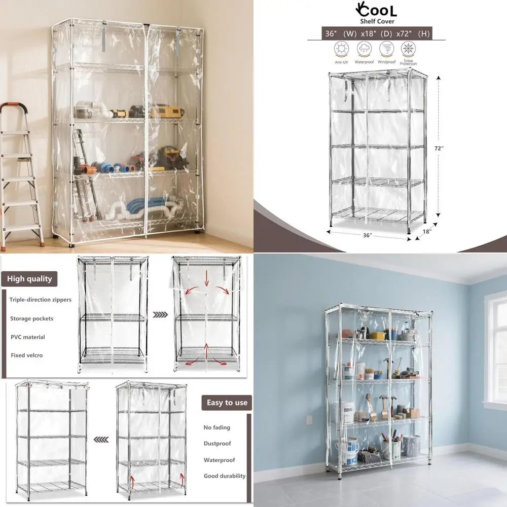 Przezroczysta, wodoodporna osłona na półki z PVC z zamkiem błyskawicznym, pasuje do półek o wymiarach 36 x 18 x 72 cali.