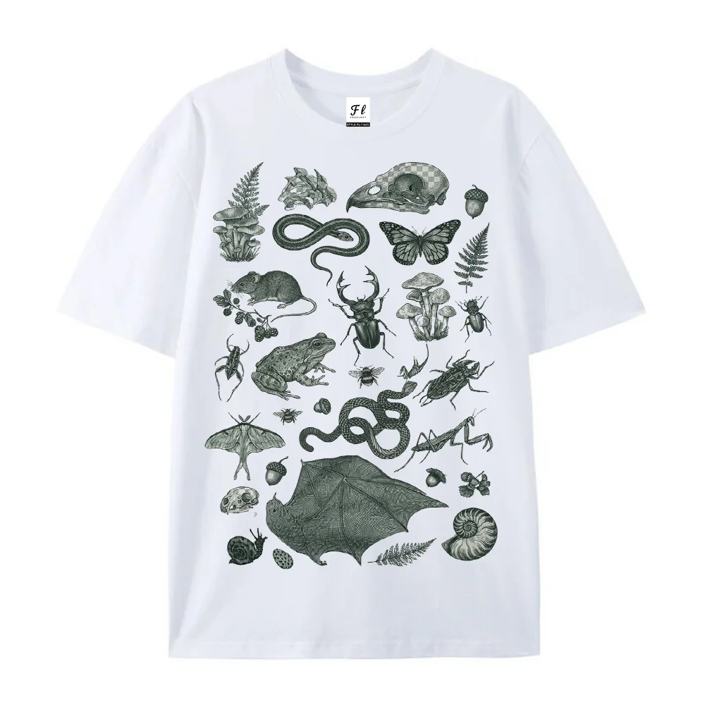 Men Vintage Dark Forest Creatures Graphic T Shirt Botanical Wildlife Sketch Print Crew Neck Casual Loose Short Sleeve Gothic Tee