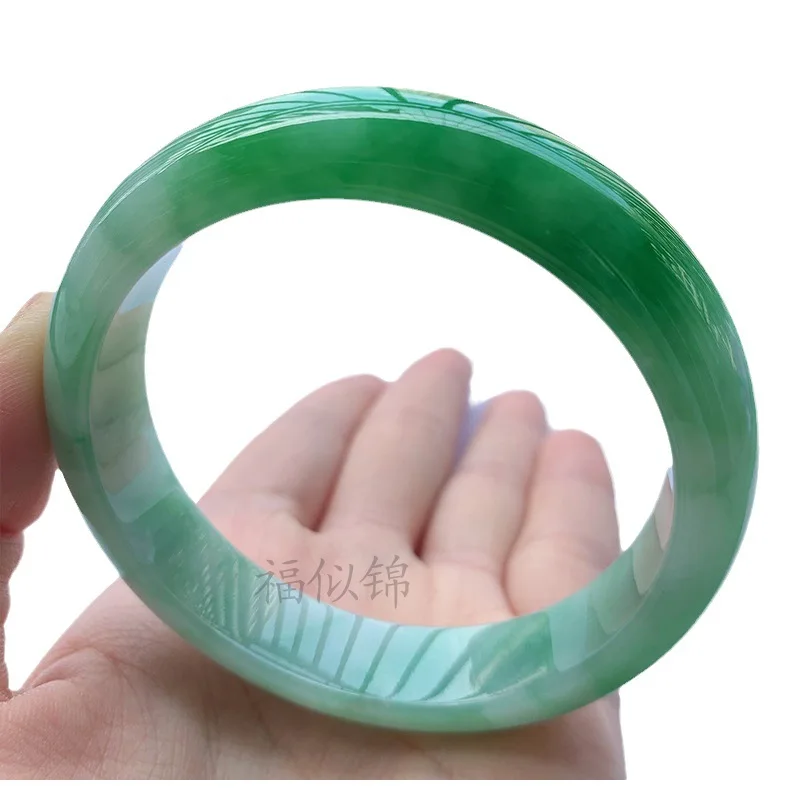 Old Mine Icy Jadeite Bracelet, Light and White-Green, Wide Version, Perfectly Round, Thin Strip, Noble Lady Style, Natural view 5