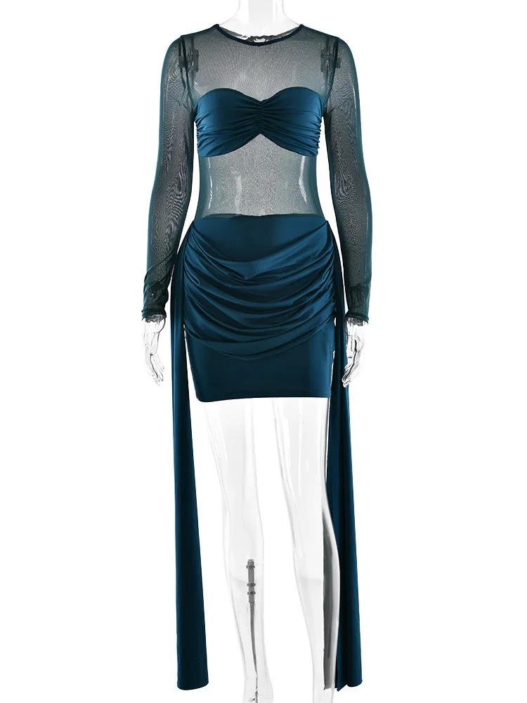 Articat elegante manga longa malha retalhos elástico bodycon mini vestido feminino sexy sheer magro festa clube vestido de noite winter2026