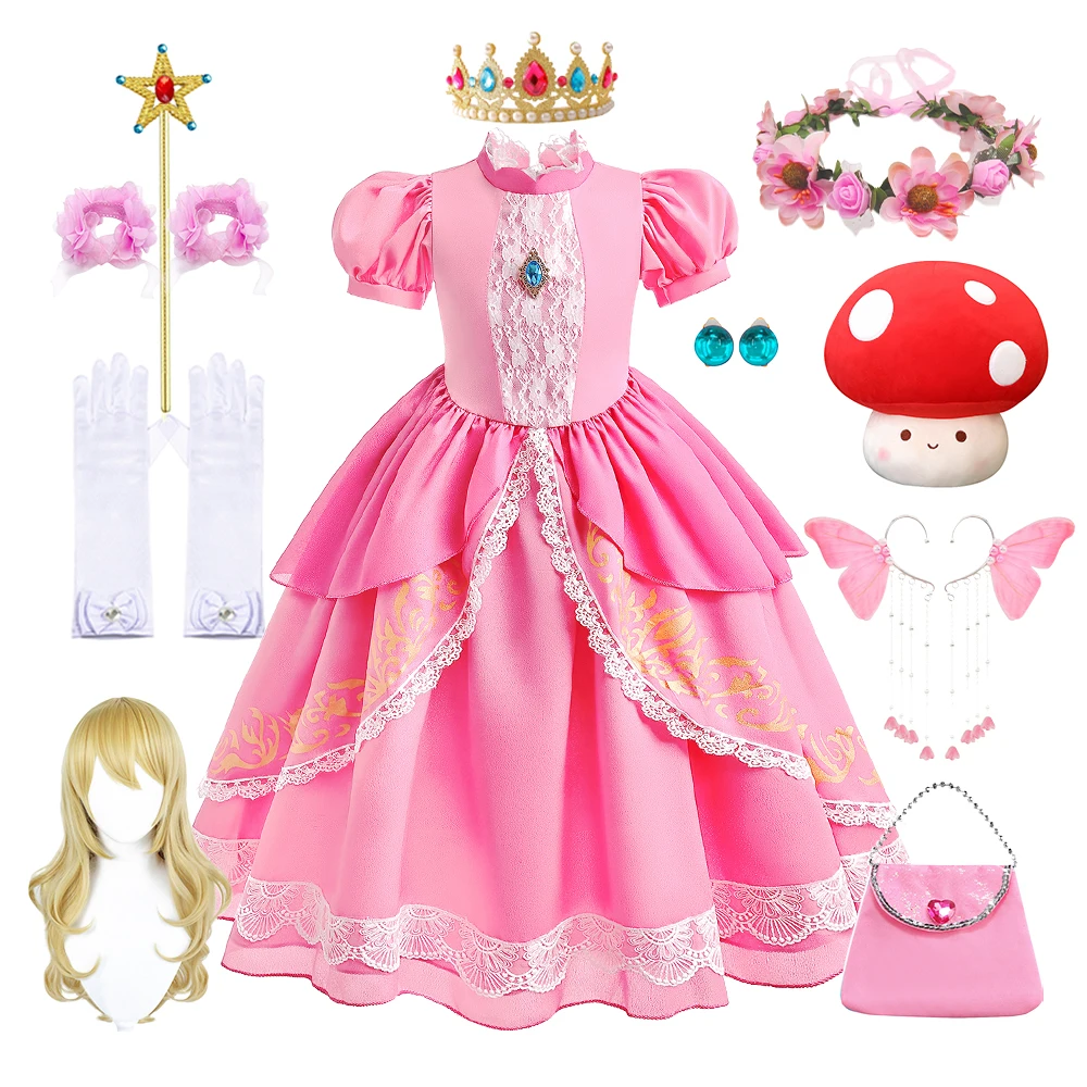 Bros Video Game Movie Cosplay Girl Peach Dress up Lace Ball Gown Princess Costume Kid Cute Halloween Clothing Frock 3-10Y