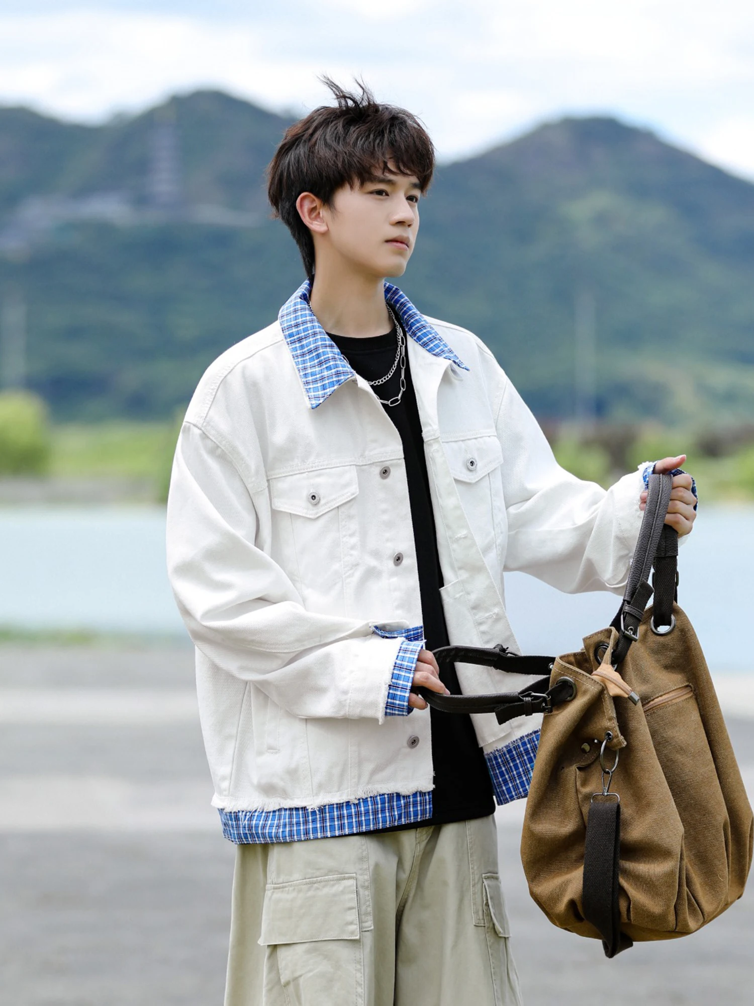 

American Retro Plaid Splicing Fake Two-Piece Denim Jaet ex Trendy Couple's Jaet Casual Sle Long Sve Polyester Co...