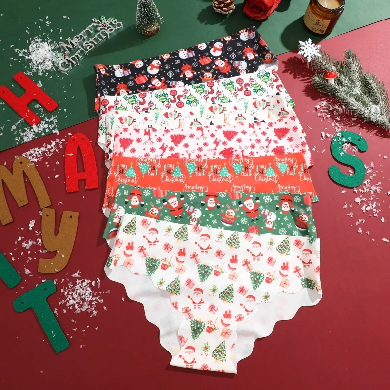 1PC New Christmas Print Underwear Wavy Edge Design Breathable Brief Women Skin-friendly Fashionable Casual Christmas Gifts XS-XL