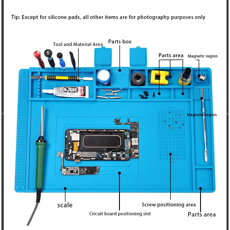 

TE-607 Magnetic High-Temp Silicone Pad for Phone Repair - Multifunctional Work Mat with Ruler, Storage Zones & Anti-Slip Design