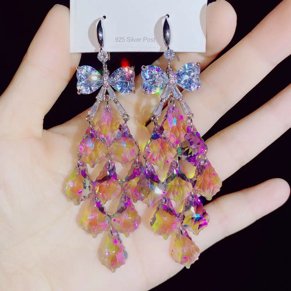 2024 New Colorful Purple Crystal Dangle Drop Earrings for Women Bohomia Trend Korea Fashion Luxury Wedding Party Banquet Jewelry