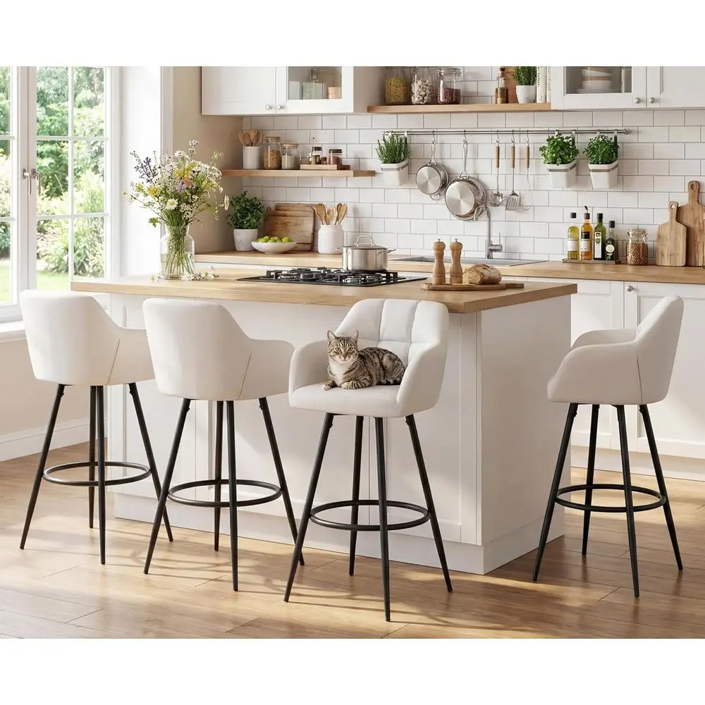 

Set of 4 Bar Height Stools with Back and Arms, Leather Upholstered, Beige for Kitchen Counter/Home Bar/Dining Room