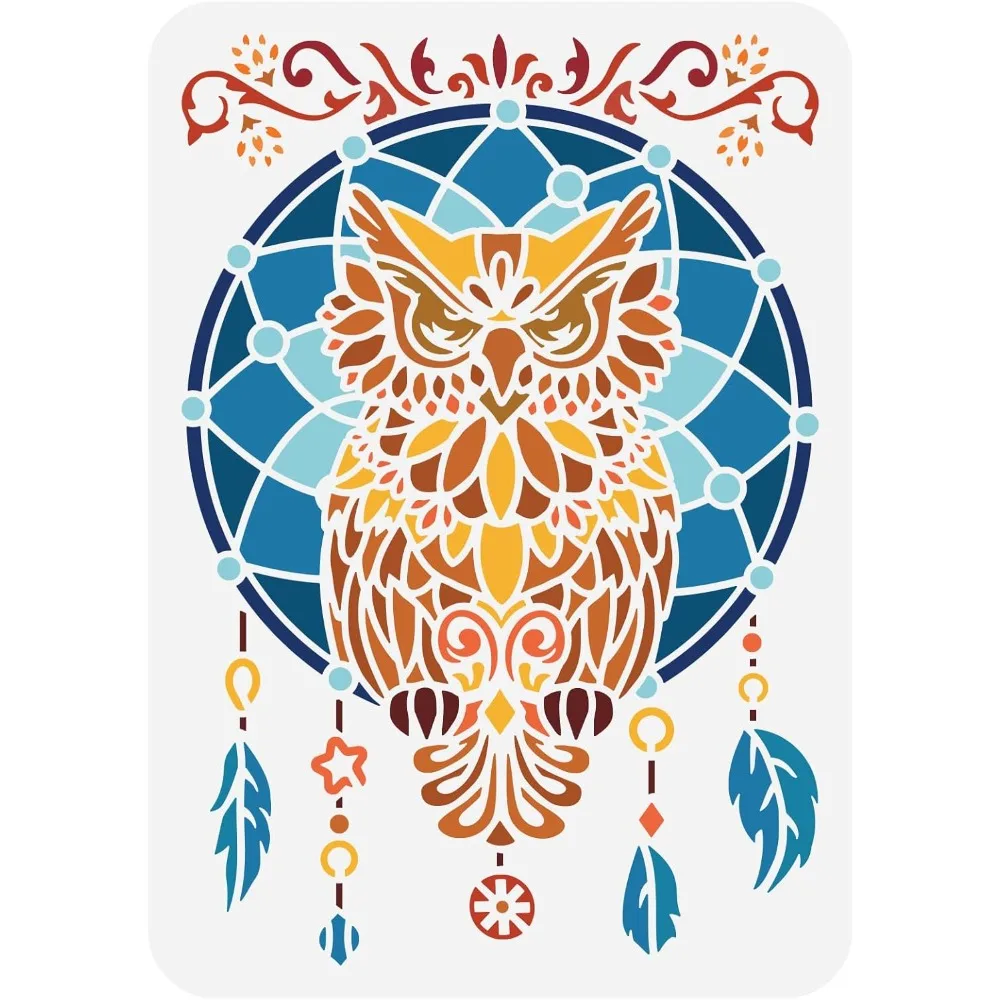 Трафарет для рисования «Ловец снов» 11,7x8,3 дюйма, большой трафарет с совой для рисования, многоразовый «Ловец снов» с набором для изготовления перьев