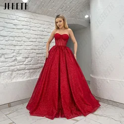 JEHETH Exquisite Prom Dress Sweetheart Sleeveless Lace Up Red Evening Dress Shiny Tulle A-Line vestidos de graduación Party