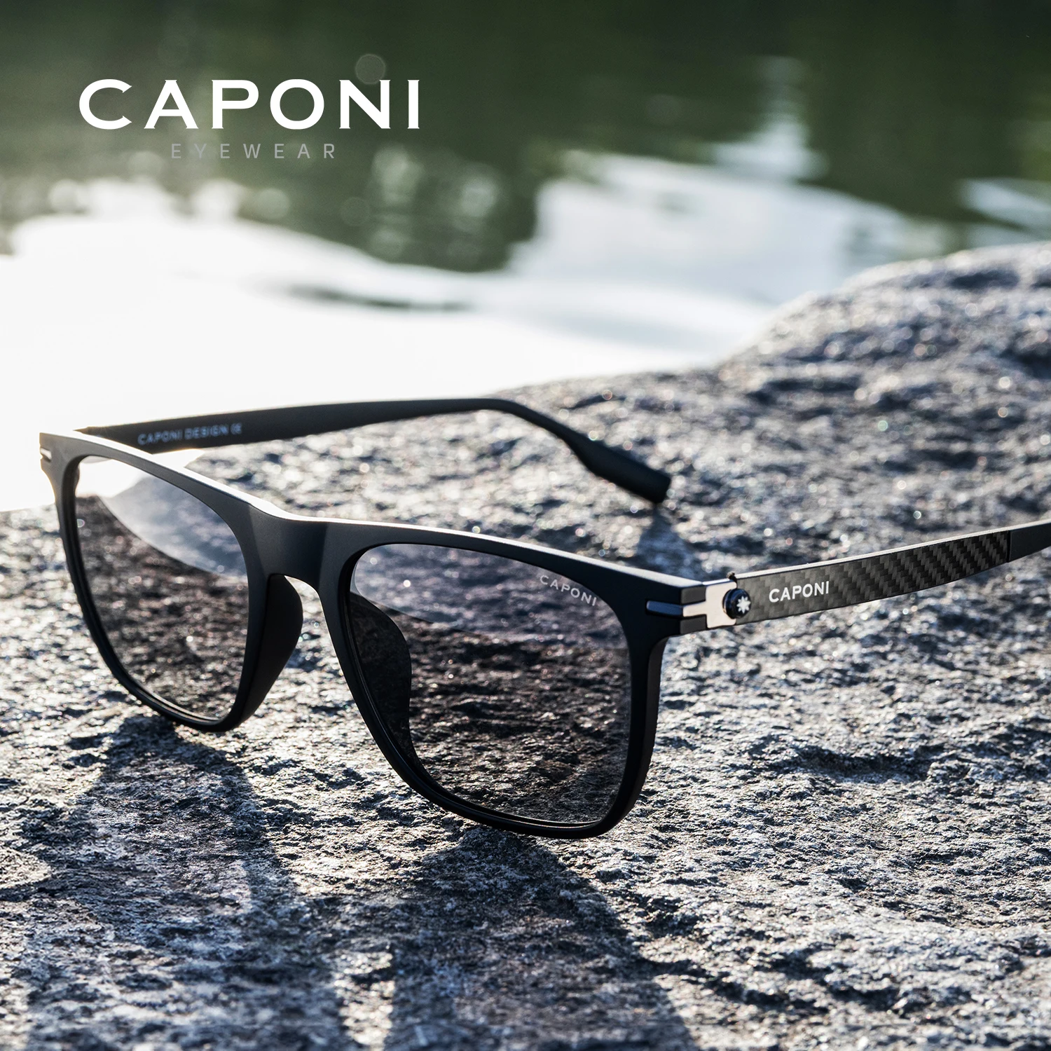 CAPONI Polarized Photochromic Sunglasses Men Outdoor High Quality Carbon Fiber Driver Square Shades UV400 Brand Designer BS24716