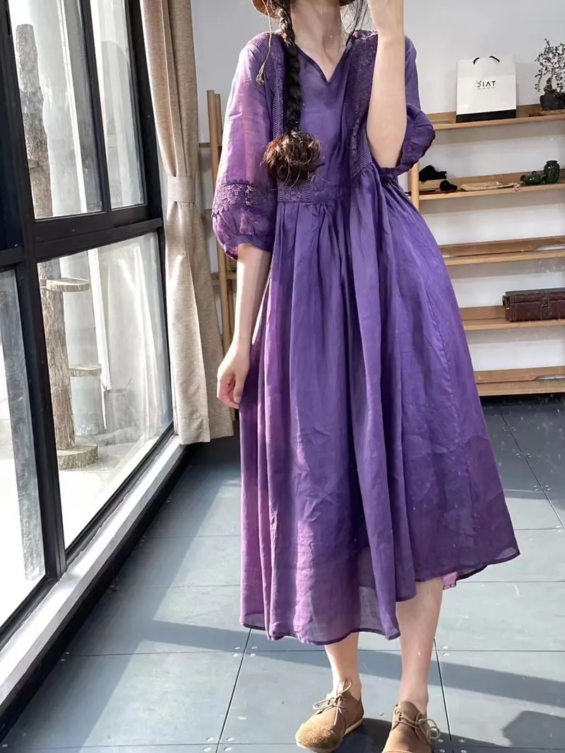 

V-Ne Lace Splice Long Dr plus Size Women's Faion Dstring Waist A-Line Skirt Summer Vintage Sle Loose Fit Dr