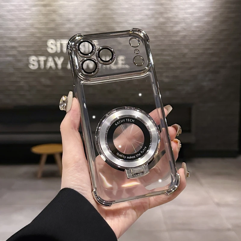 Luxury Plating Border Four Corner Anti Drop Bracket Ring  Phone Case For iPhone 17 Pro Max Air HD Transparent Bumper Back Cover