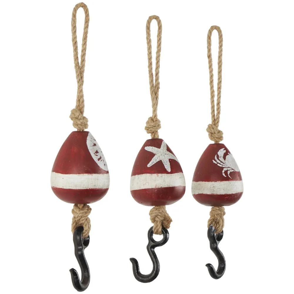 3W, 14H Red Wood Buoy Wall Hook with Jute Rope and Metal Hook, 3-Pieces