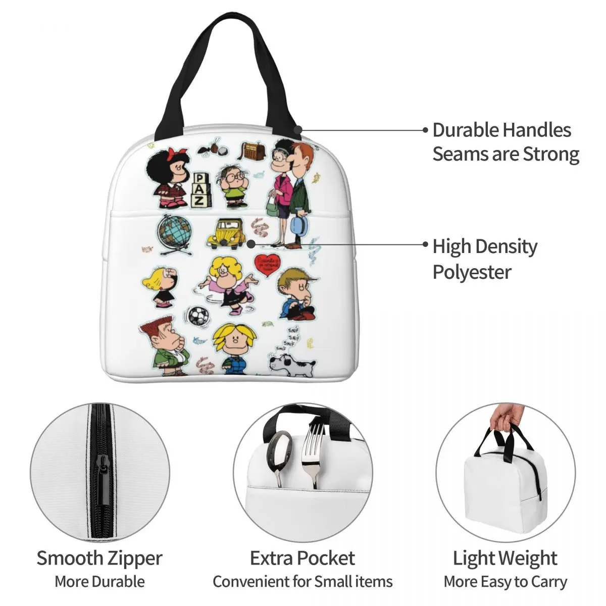 Characters Mafalda Cut Out Insulated Lunch Bags Cooler Bag Lunch Container Large Lunch Box Tote Girl Boy Beach Outdoor