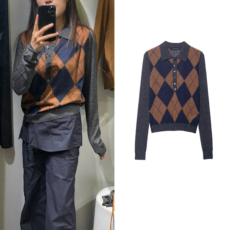 Outono nova camisola feminina 2025 novo elástico fino diamante treliça elegante feminino quente pulôver camisola rua juventude suéteres