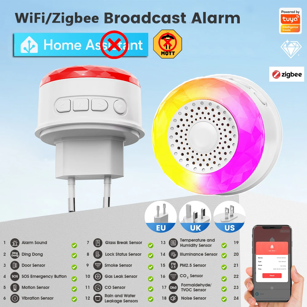 

Tuya Wifi Zigbee 105db Smart Home Security Siren Alarm Voice Broadcast with 24 Alarm Sounds Control via Smart Life App