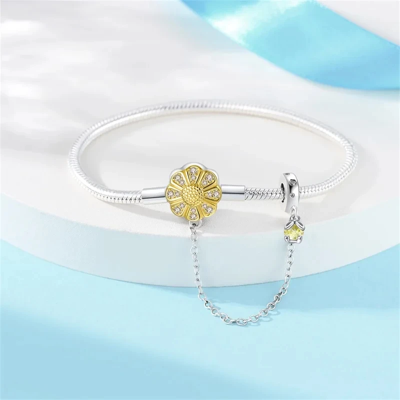 New 925 Sterling Silver Colorful Flower Butterfly Daisy Bracelets With Safety Chain Fit DIY Charms Beads Fine Birthday Jewelry