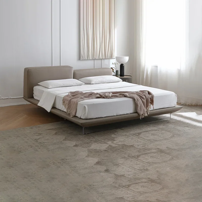 Italian minimalist suspended leather bed high and low bedside master bedroom tofu block soft bag bed