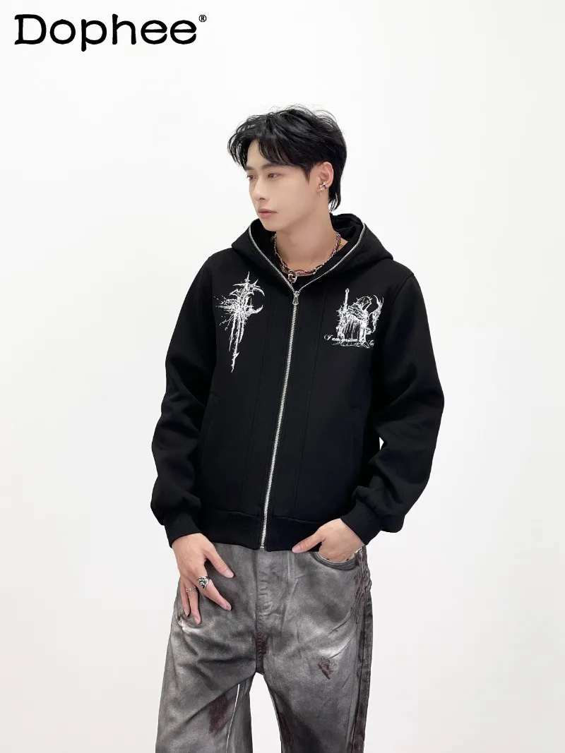 

Y2K Subculture Dark Style Printed American Fashion Trend Hooded Sweatshirt Loose Casual Cardigan Jacket for Men