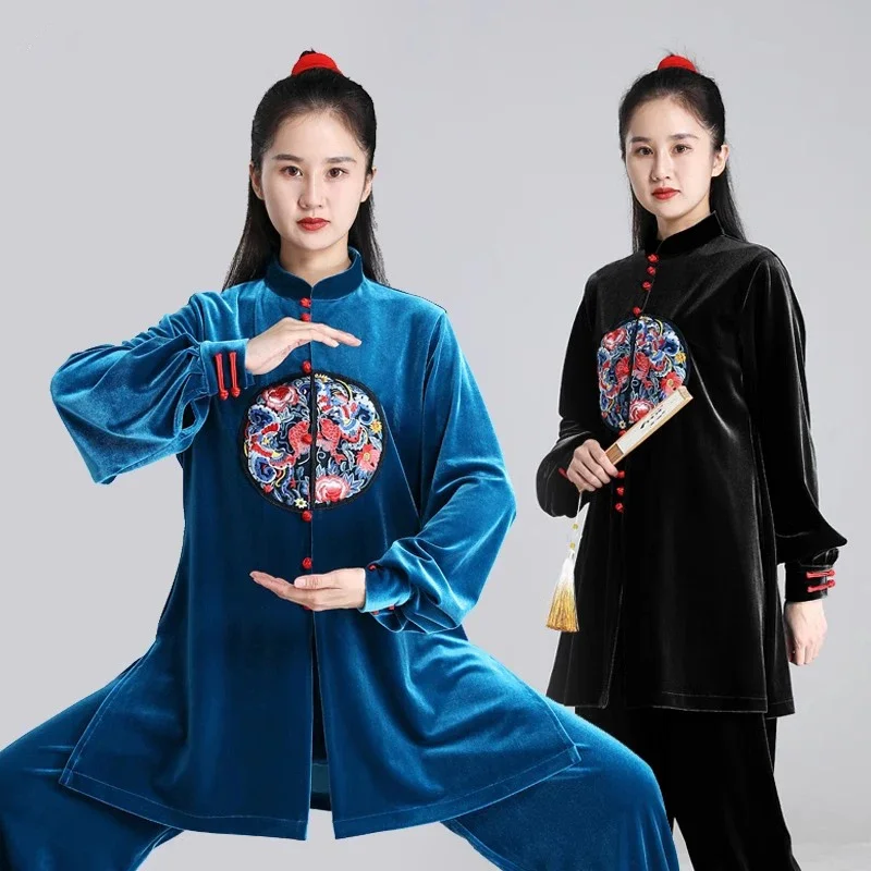 

Kun Master утолщенная бархатная униформа Тайчи, элегантный зимний костюм для боевых искусств, одежда для кунг-фу с вышивкой, тайцзи для женщин