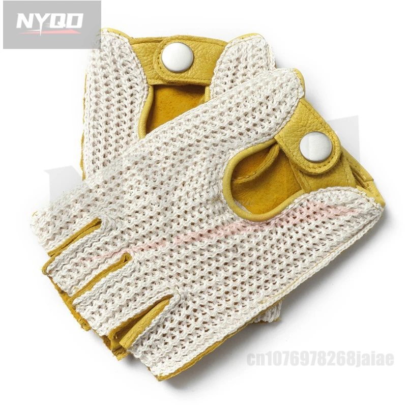 Semi-Fingers Gloves Unisex Knitted Sheepskin Patchwork Retro Riding Driving Women Half Finger Mittens Men Leather Gloves LSH01