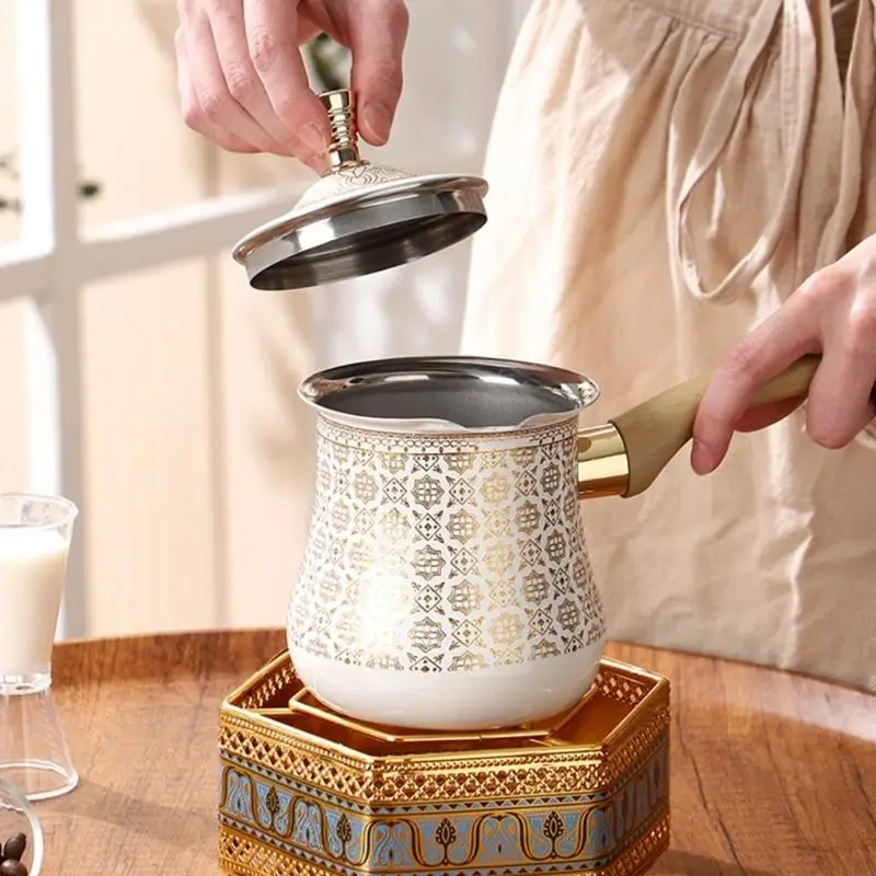 إبريق قهوة تركي فولاذي بمقبض خشبي مقاوم للحرارة لتخمير القهوة وتسخين شوربة زبدة الشوكولاتة والحليب Y5GB