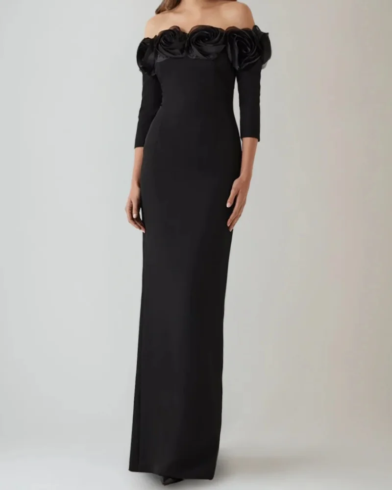 

2026 Modern Off-the-Shoulder Floor-Length Evening Prom Dress 3/4 Sleeves with 3D Flower Detail for Women 2026 Style Party Gown