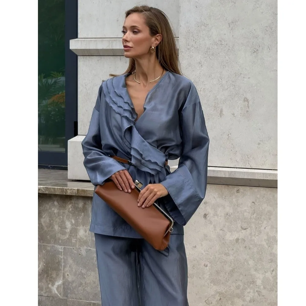 Soft Drape Tencel Women Two Piece Set Ruffle Trim Wrinkle Free Wrap Front Ruffle Top Lightweight Relax Fit Wide Leg Pant Set