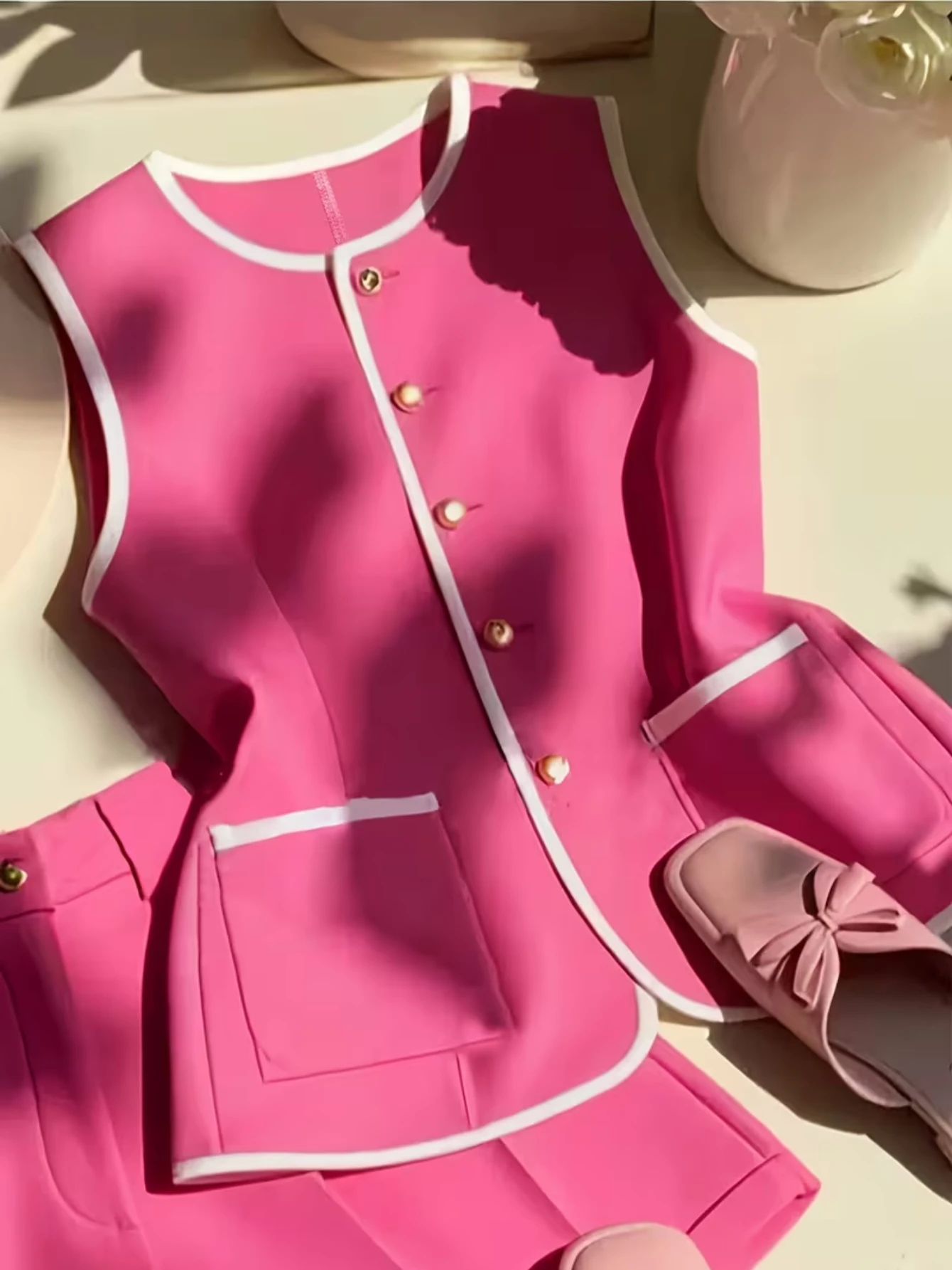 White Trim Button Front Sleeveless Vest And High Waist Shorts Two Piece Outfit Set Elegant Daily Matching Suit For Women