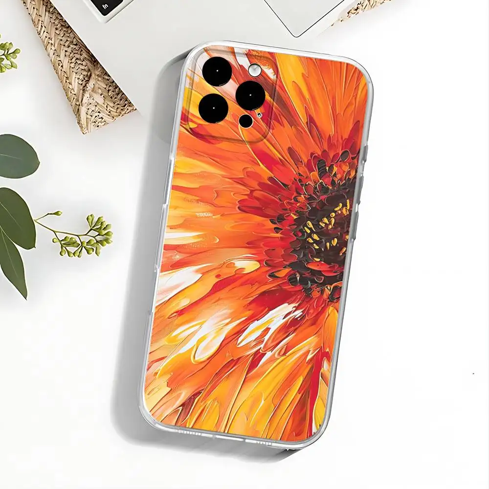 Etui na telefon z motywem pomarańczowych kwiatów do iPhone'a 17, 16, 15, 14, 13, 12, 11 Pro, Max, Plus, X, XS, XR, SE4, E Mini, przezroczyste, miękkie.