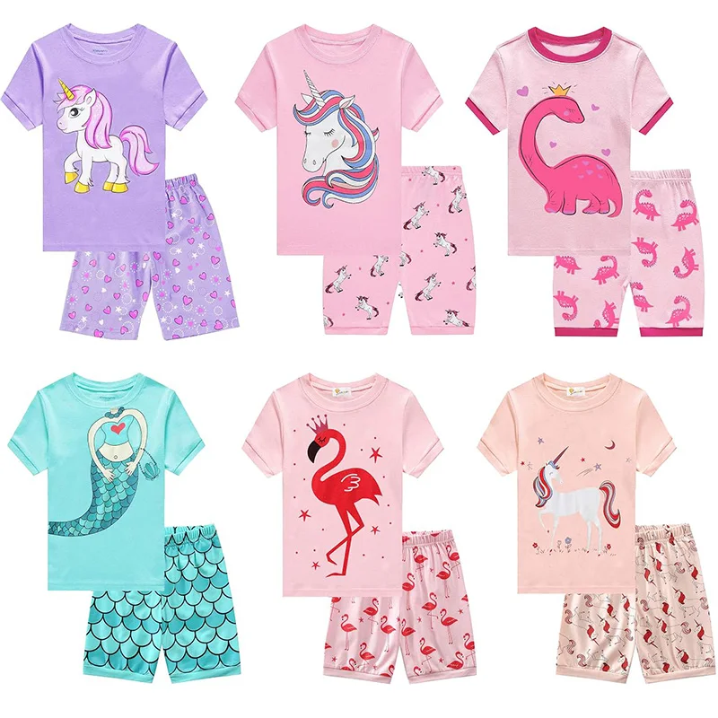 Little Hand Girls Summer Pajamas Toddler Short Sets Unicorn Sleepwear Cute Dinosaur 2 Pcs Clothes 100% Cotton for 2-7 Years