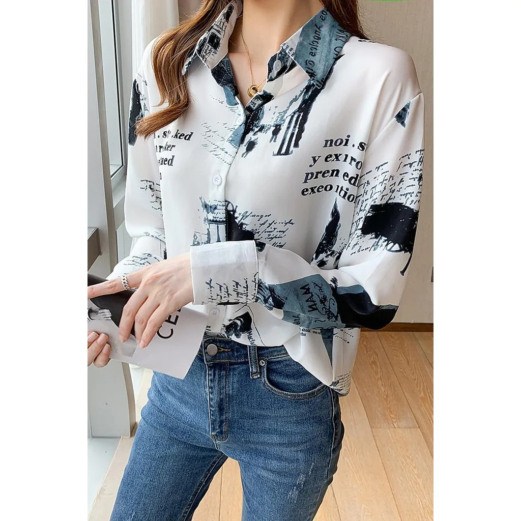 Korean Style Comfort Casual Long Sleeve Letter Printing Blouse Shirt for Women Office Top Clothing Baju