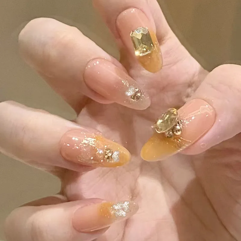 

24pcs Sunburst Glitter Press-On Nails - Heart & Sugar Cube 3D Diamond Design Saffron Yellow Ombré Long Almond Tips